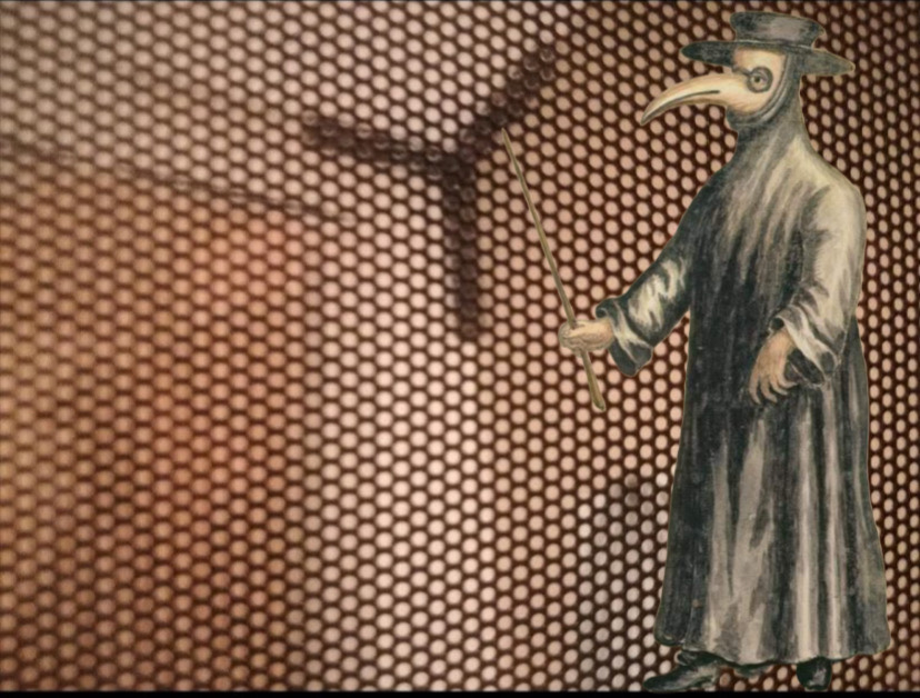 Plague doctor artwork representing the historical origin of the architecture